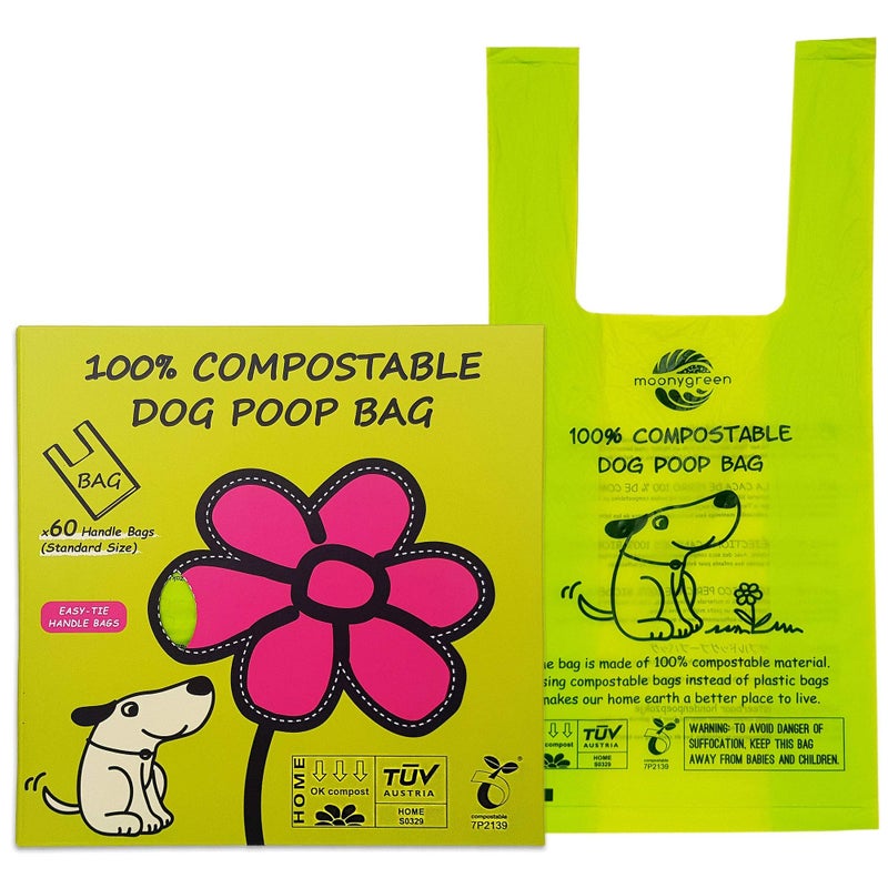 moonygreen Dog Poop Bag, Compostable Cat Litter Bags with Easy-Tie Handles, Eco-Friendly Pet Waste Bags, Unscented, Vegetable-Based, Extra Thick, Leak Proof, Fits for Dogs and Cat Scoops, 60 Counts - Image 1